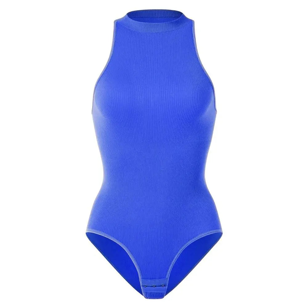 Comfortable Ribbed Women's Bodysuits Halter Neck Tummy Control Compression Shapewear Thong Sleeveless Tank Top Jumpsuit Exercise