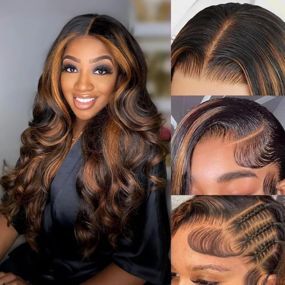 Highlight Ombre Lace Front Wigs Human Hair Body Wave Lace Front Pre Plucked 13x4 1B/30 Brown Highlight Wig 200 Density For Women