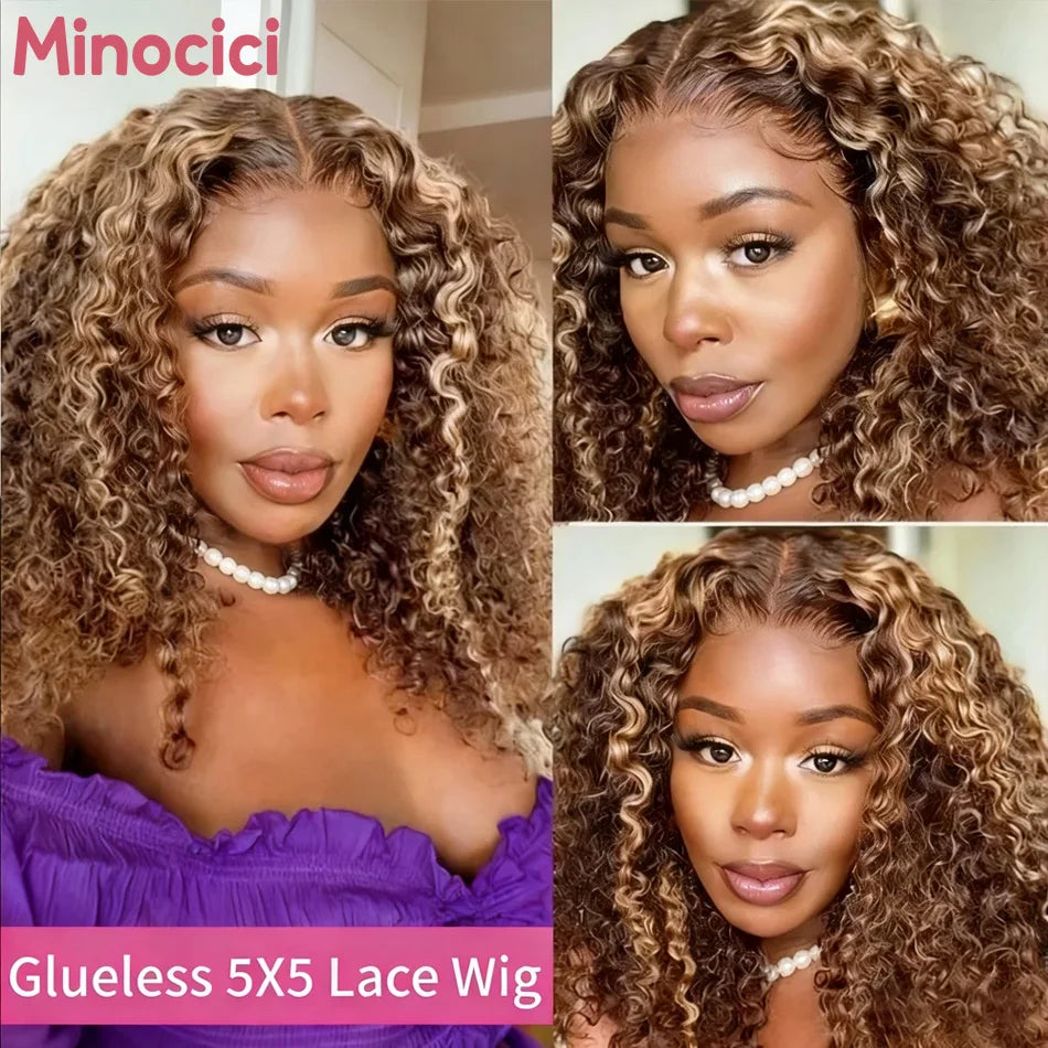 Curly Bob Wig Human Hair 100% Glueless Wigs 5X5 Hd Lace Closure Wig Deep Wave Highlight Ombre Preplucked No Glue Lace Front Wig