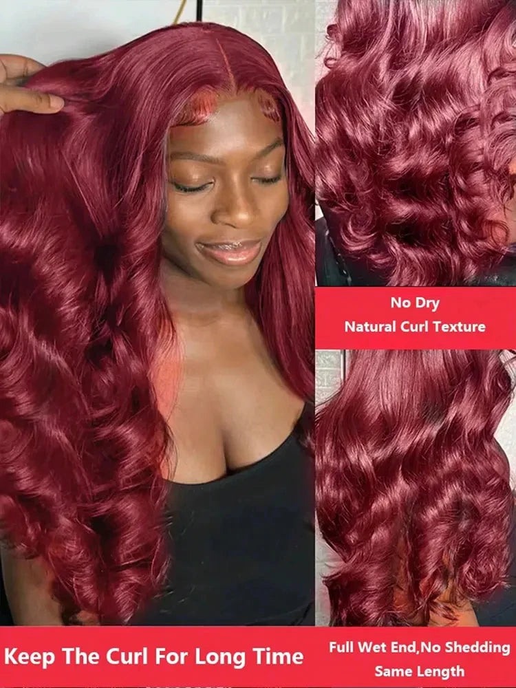 230 Density 99J Burgundy 13x4 Transparent Lace Front Wig Human Hair Body Wave HD 13x6 Lace Frontal Wigs Human Hair Wig For Women