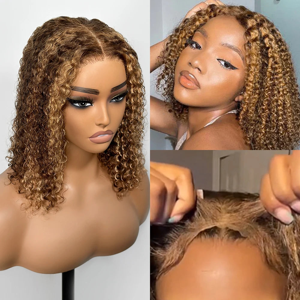 Highlight 5x5 Honey Blonde Deep Wave Glueless Bob Wigs Wear and Go Curly Wigs Human Hair Pre Plucked Pre Cut HD Lace Front Wig