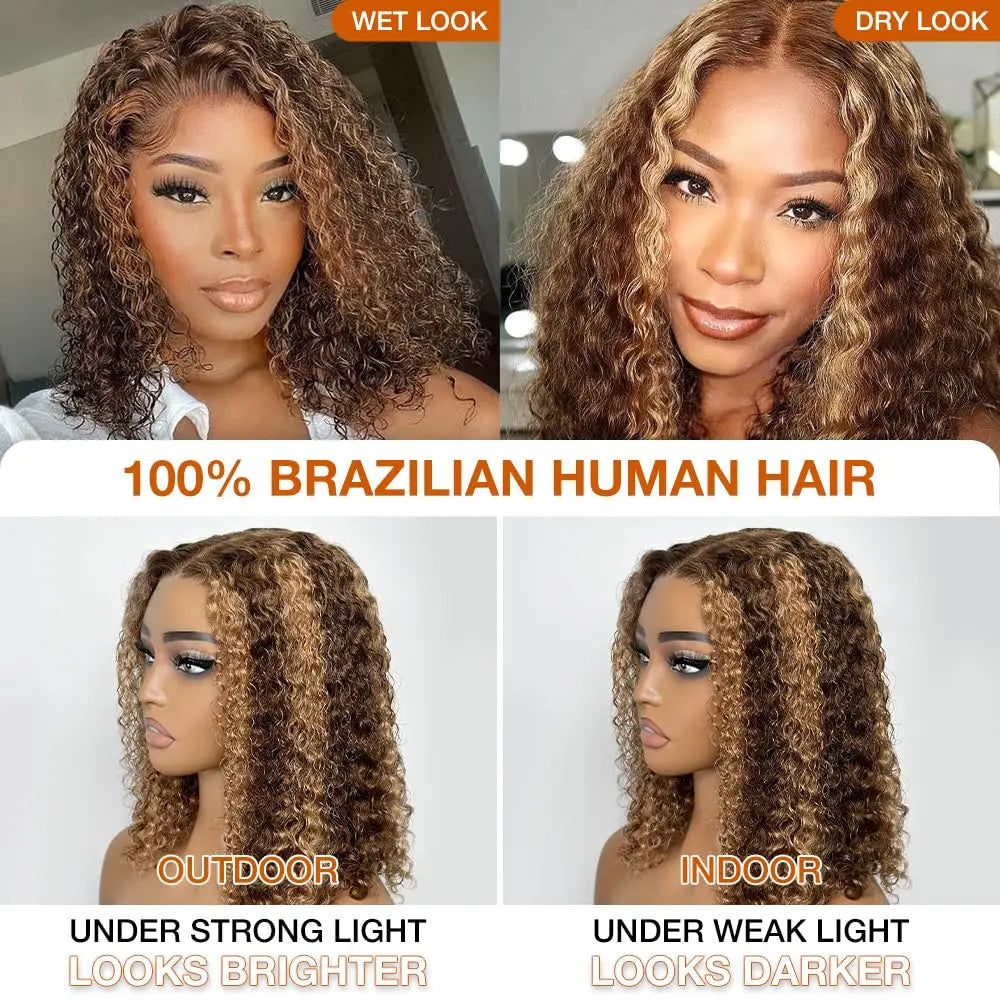 Highlight 5x5 Honey Blonde Deep Wave Glueless Bob Wigs Wear and Go Curly Wigs Human Hair Pre Plucked Pre Cut HD Lace Front Wig
