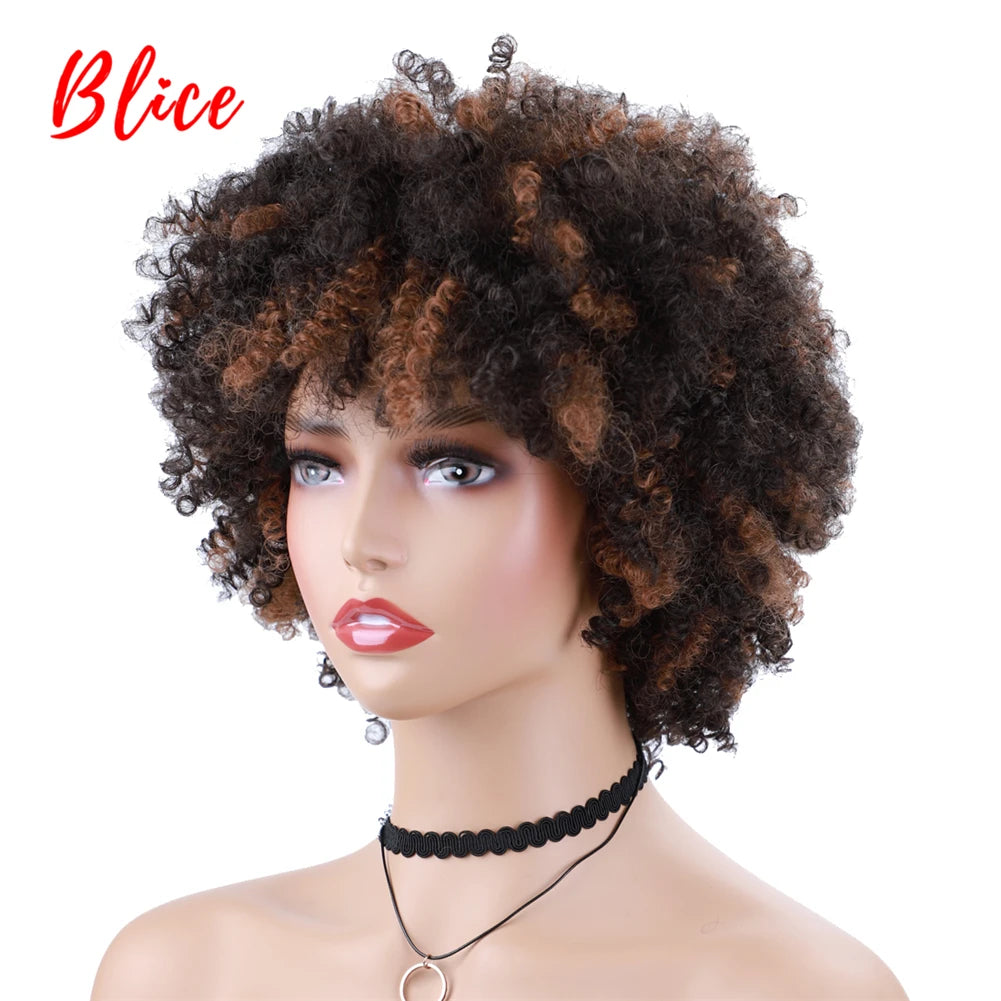 Blice Synthetic bancy curly fringe pixie cut short Wigs Afro Kinky Natural Looking Heat Resistant  Ameracan African Daily Brown