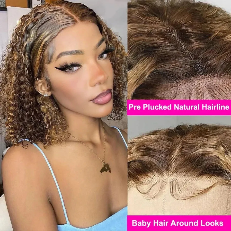 Curly Bob Wig Human Hair 100% Glueless Wigs 5X5 Hd Lace Closure Wig Deep Wave Highlight Ombre Preplucked No Glue Lace Front Wig