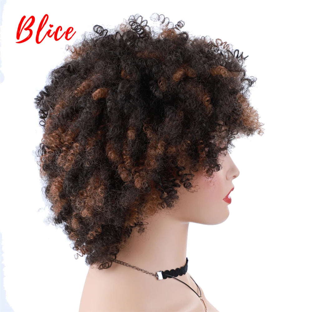 Blice Synthetic bancy curly fringe pixie cut short Wigs Afro Kinky Natural Looking Heat Resistant  Ameracan African Daily Brown