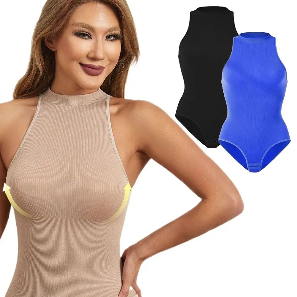 Comfortable Ribbed Women's Bodysuits Halter Neck Tummy Control Compression Shapewear Thong Sleeveless Tank Top Jumpsuit Exercise