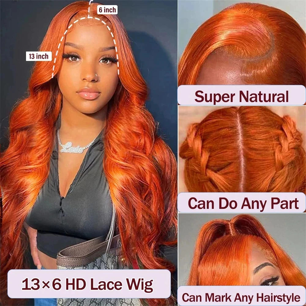 SoGreat 200% Density Body Wave Lace Front Wig 13x6 13x4 Lace Frontal Loose Body Wave 350 Orange Ginger Human Hair Wig Brazilian