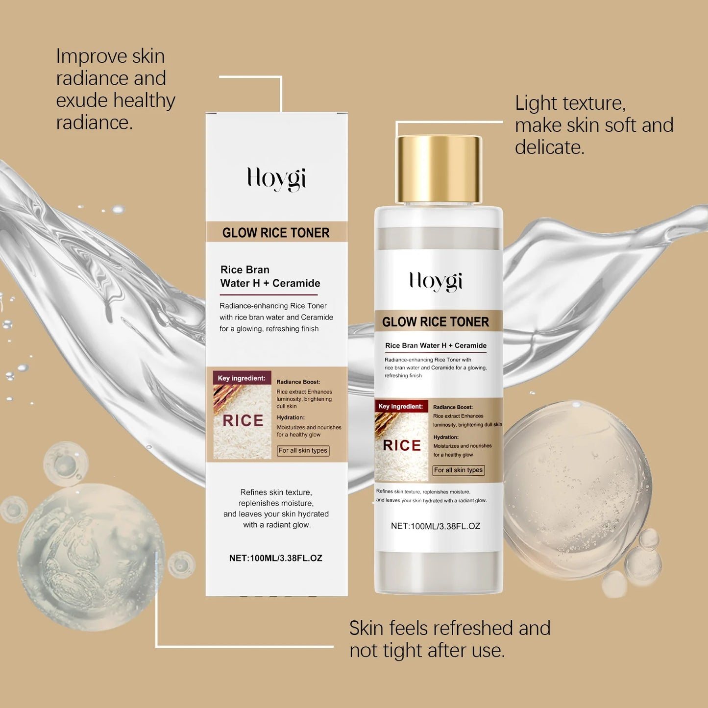HOYGI Glow Rice Toner Gentle Exfoliating Hydrating Lasting Moisturizing Skin Water-oil Balance Refine Pores Smoothing Skin Care