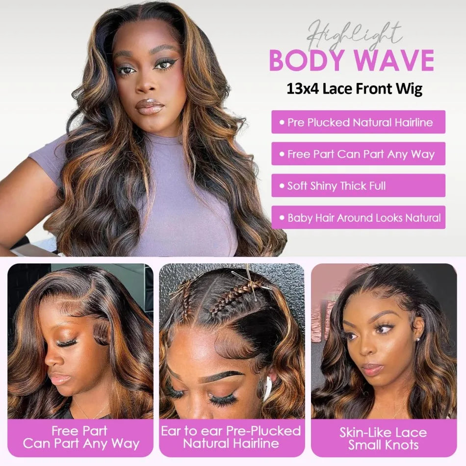 Highlight Ombre Lace Front Wigs Human Hair Body Wave Lace Front Pre Plucked 13x4 1B/30 Brown Highlight Wig 200 Density For Women