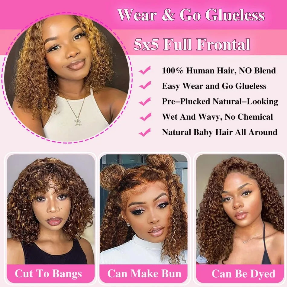 Curly Bob Wig Human Hair 100% Glueless Wigs 5X5 Hd Lace Closure Wig Deep Wave Highlight Ombre Preplucked No Glue Lace Front Wig