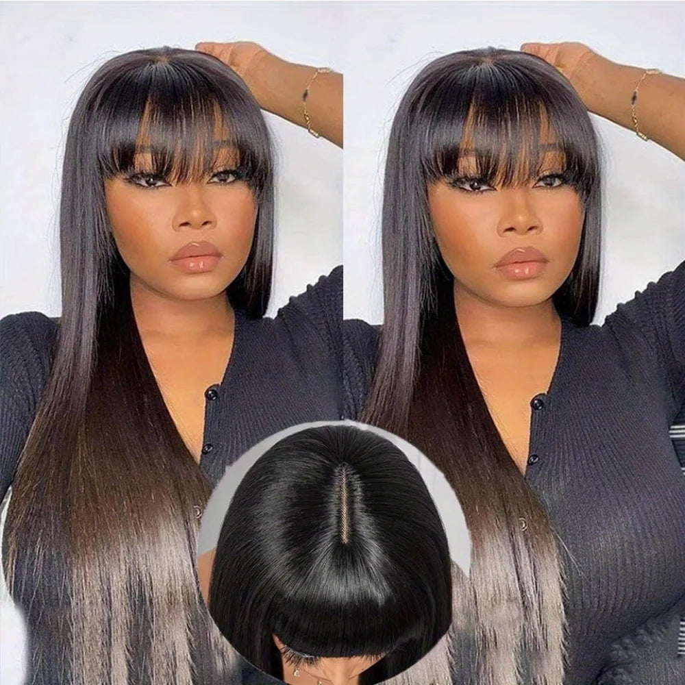 3x1 Human Hair Wigs 250% Density HD Lace Glueless Wig With Bangs Human Hair Staight Wig with Bangs For Black Women Wear And Go