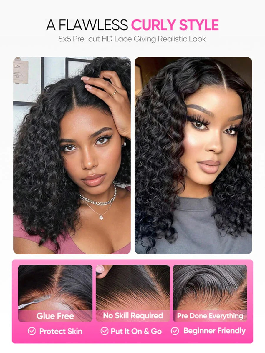 Glueless Wigs Human Hair Ready to Wear Deep Wave Curly Short Bob Wig 5x5 HD Lace Front Wigs Wear And Go Pre Plucked Pre Cut Wigs