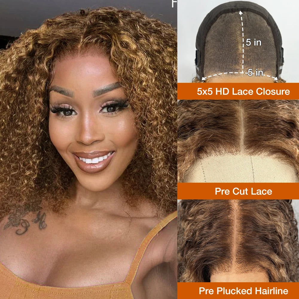 Highlight 5x5 Honey Blonde Deep Wave Glueless Bob Wigs Wear and Go Curly Wigs Human Hair Pre Plucked Pre Cut HD Lace Front Wig