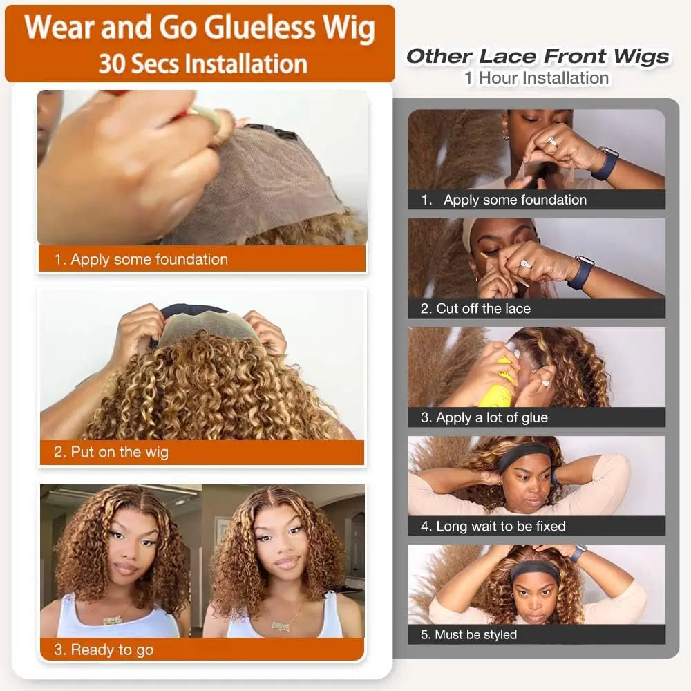 Highlight 5x5 Honey Blonde Deep Wave Glueless Bob Wigs Wear and Go Curly Wigs Human Hair Pre Plucked Pre Cut HD Lace Front Wig