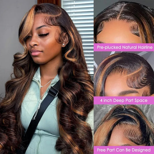 Highlight Ombre Lace Front Wigs Human Hair Body Wave Lace Front Pre Plucked 13x4 1B/30 Brown Highlight Wig 200 Density For Women