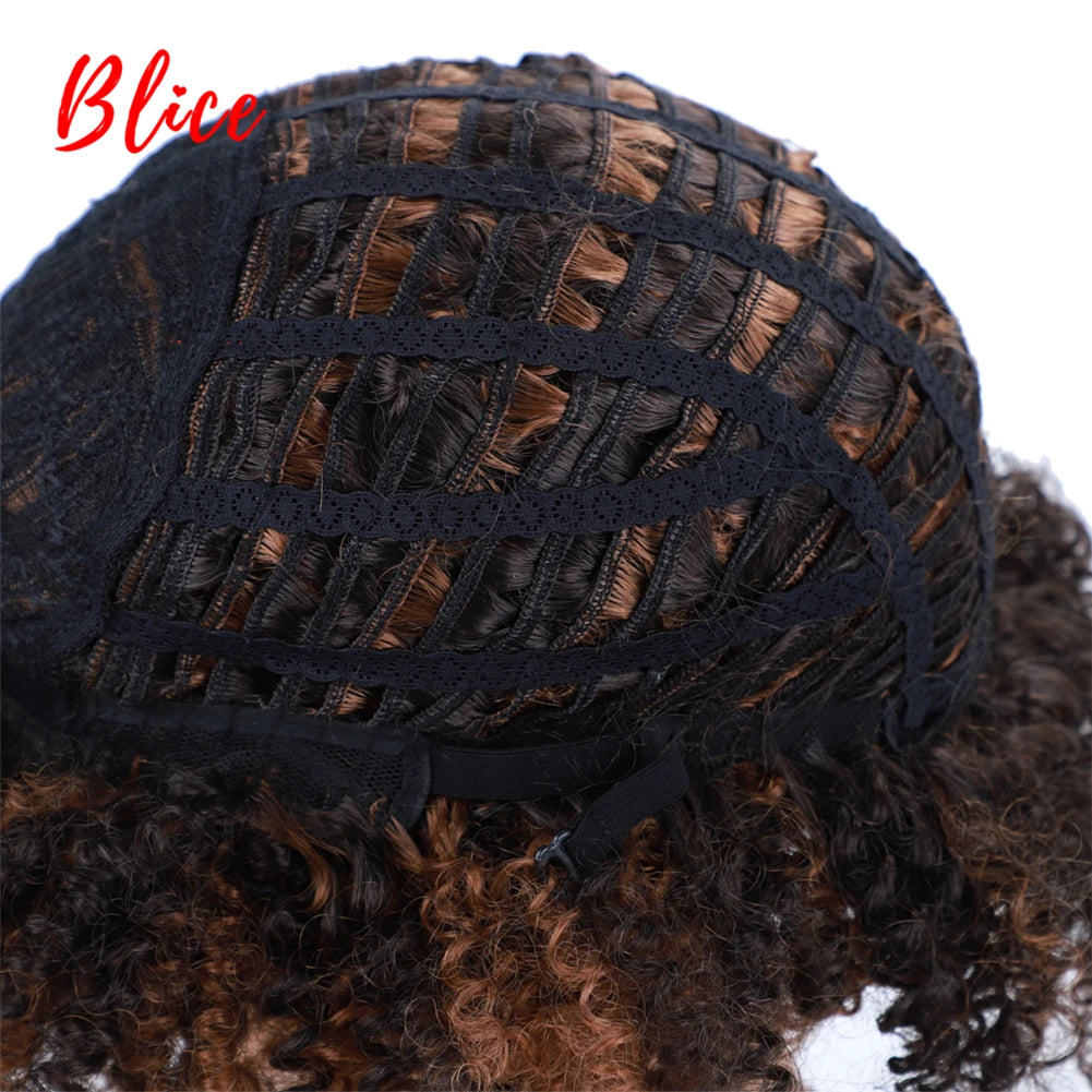 Blice Synthetic bancy curly fringe pixie cut short Wigs Afro Kinky Natural Looking Heat Resistant  Ameracan African Daily Brown