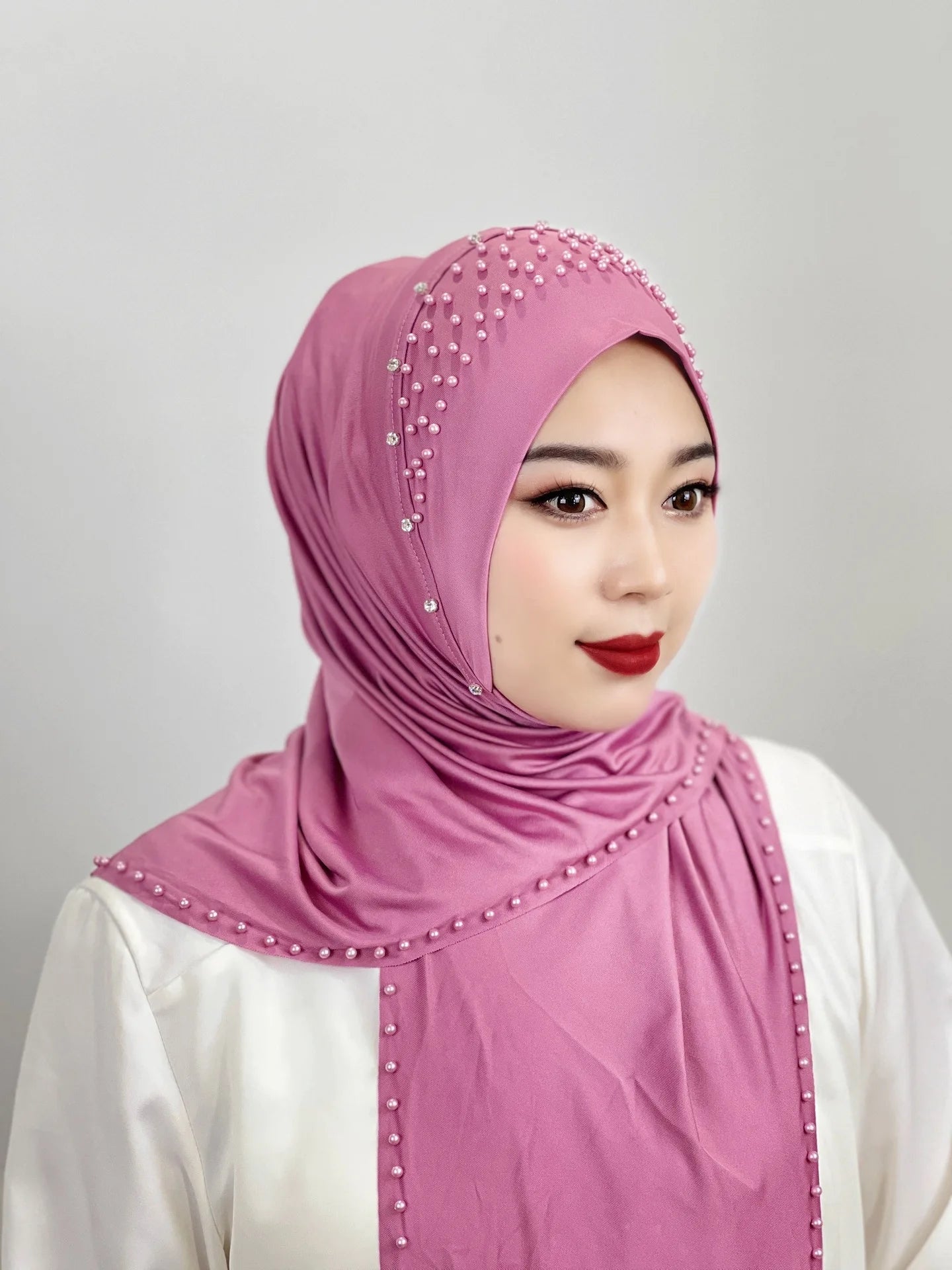 Women's Headscarf Convenient Pullover Hat Beaded Scarf Malay Shawl Women's Solid Color Headscarf Spot Wholesale