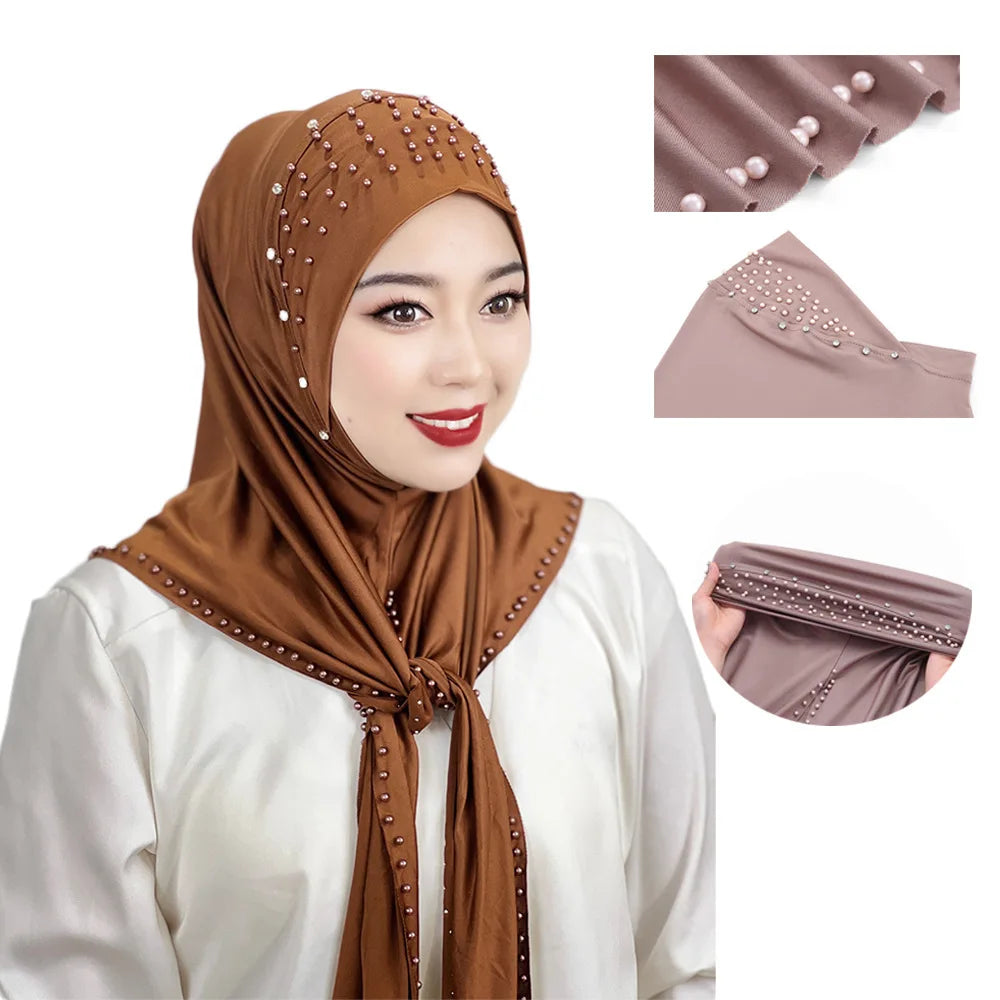 Women's Headscarf Convenient Pullover Hat Beaded Scarf Malay Shawl Women's Solid Color Headscarf Spot Wholesale