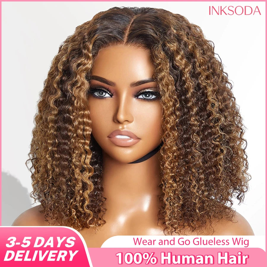 Highlight 5x5 Honey Blonde Deep Wave Glueless Bob Wigs Wear and Go Curly Wigs Human Hair Pre Plucked Pre Cut HD Lace Front Wig