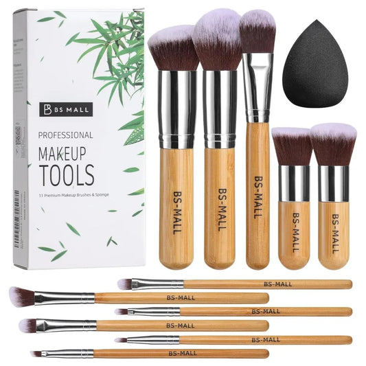 BS-MALL Makeup Brush Set 11Pcs Bamboo Synthetic Kabuki Brush Set Foundation Powder Blending Concealer Eye shadows Blush Cosmetic