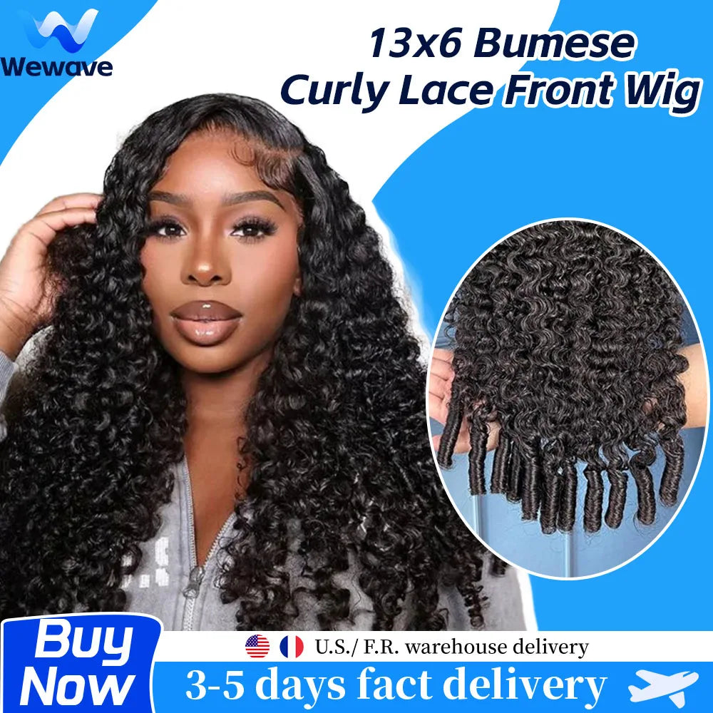 Wewave Burmese Curly Hair Wig Deep Wave 1B Black 13x6 HD Lace Front Human Hair Wig Water Wave 250% Density Bleached Knotted