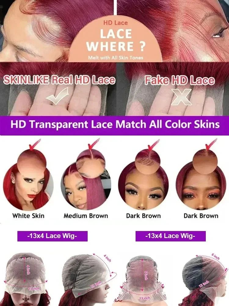 230 Density 99J Burgundy 13x4 Transparent Lace Front Wig Human Hair Body Wave HD 13x6 Lace Frontal Wigs Human Hair Wig For Women