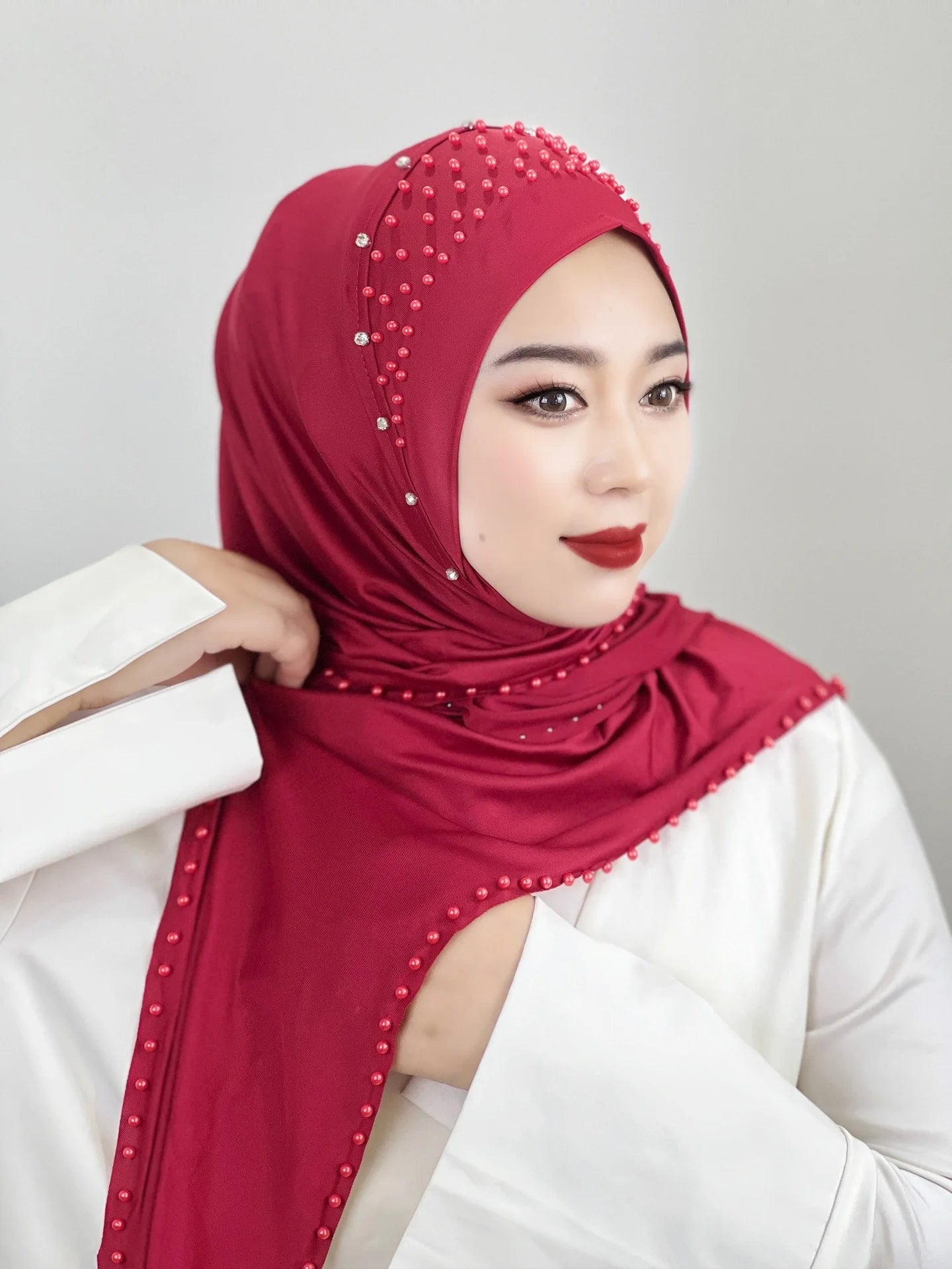 Women's Headscarf Convenient Pullover Hat Beaded Scarf Malay Shawl Women's Solid Color Headscarf Spot Wholesale