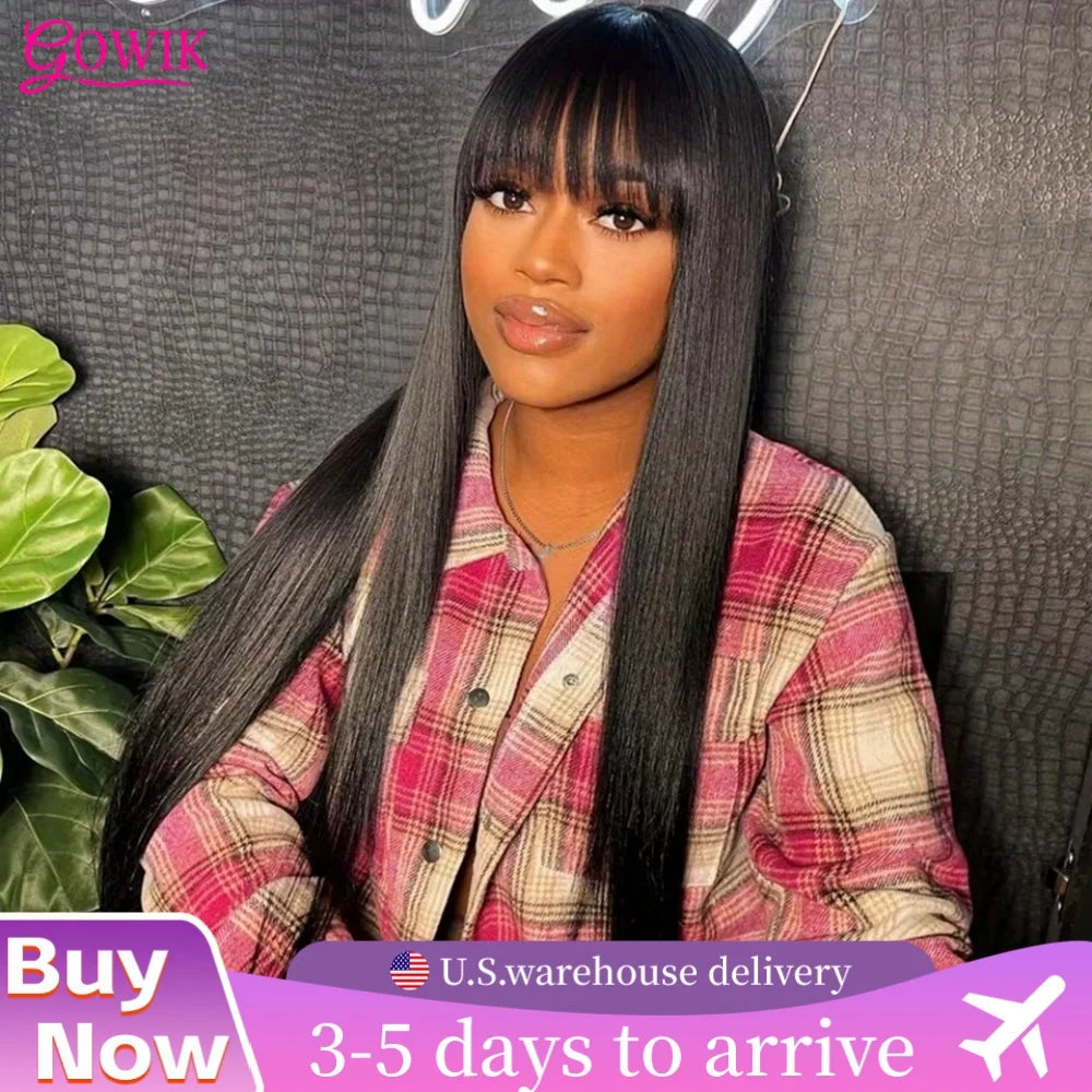 3x1 Human Hair Wigs 250% Density HD Lace Glueless Wig With Bangs Human Hair Staight Wig with Bangs For Black Women Wear And Go