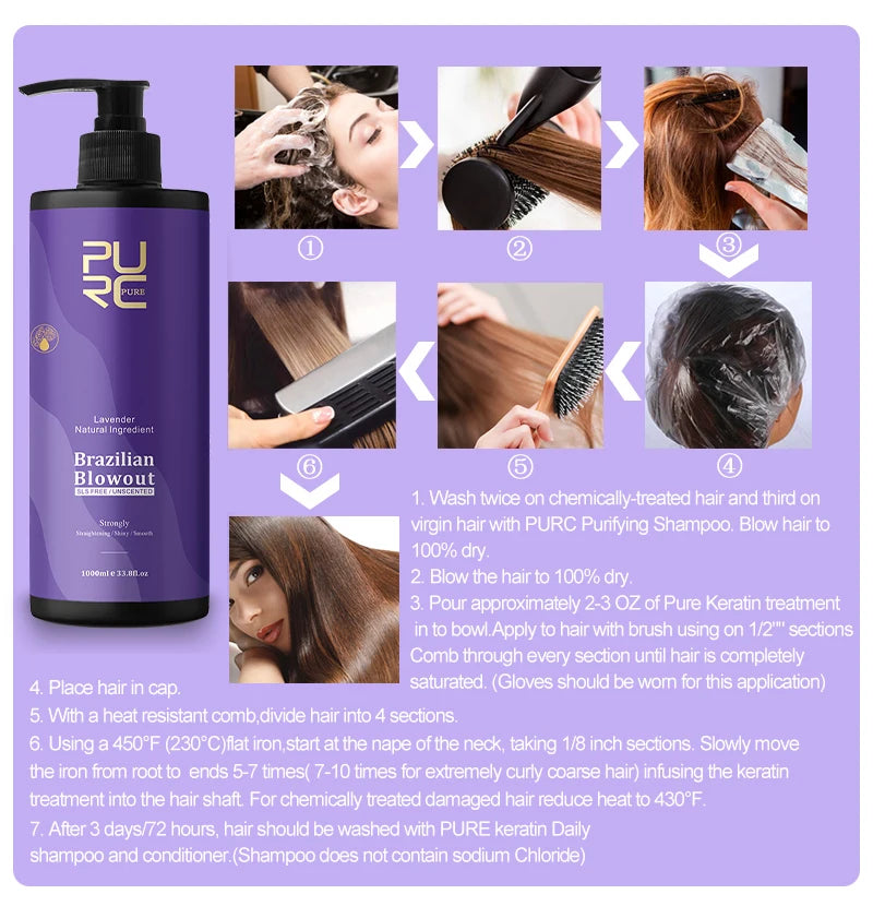 PURC Keratin Straightening Treatment Brazilian Keratin Hairs Treatment Curly Repair Smoothing Hair Care Lavender Salon Products