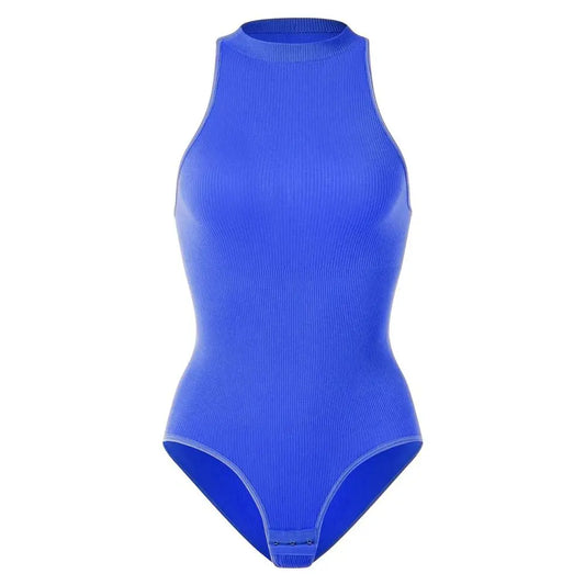 Comfortable Ribbed Women's Bodysuits Halter Neck Tummy Control Compression Shapewear Thong Sleeveless Tank Top Jumpsuit Exercise