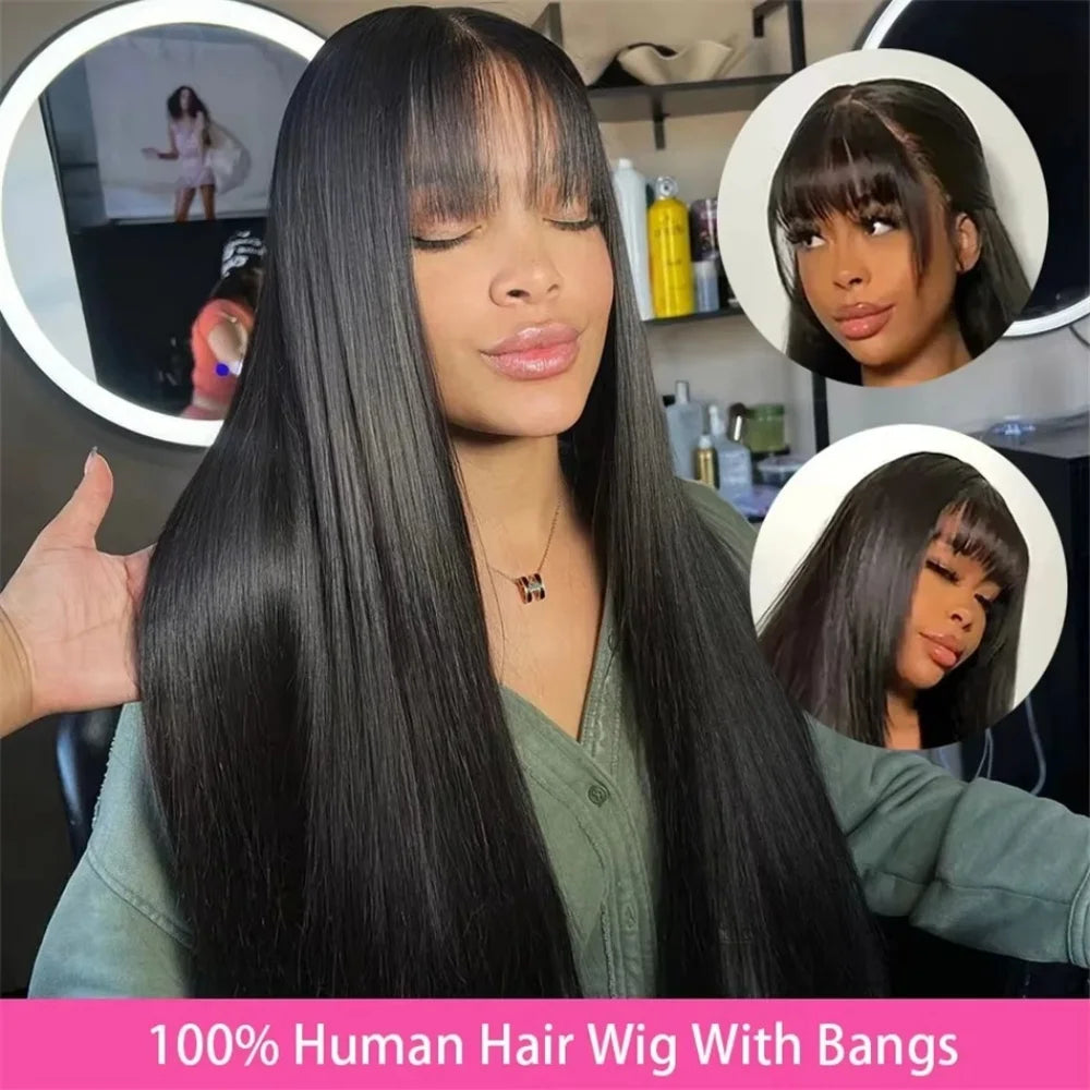 3x1 Human Hair Wigs 250% Density HD Lace Glueless Wig With Bangs Human Hair Staight Wig with Bangs For Black Women Wear And Go