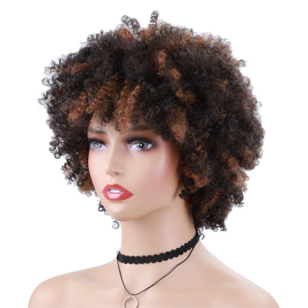 Blice Synthetic bancy curly fringe pixie cut short Wigs Afro Kinky Natural Looking Heat Resistant  Ameracan African Daily Brown