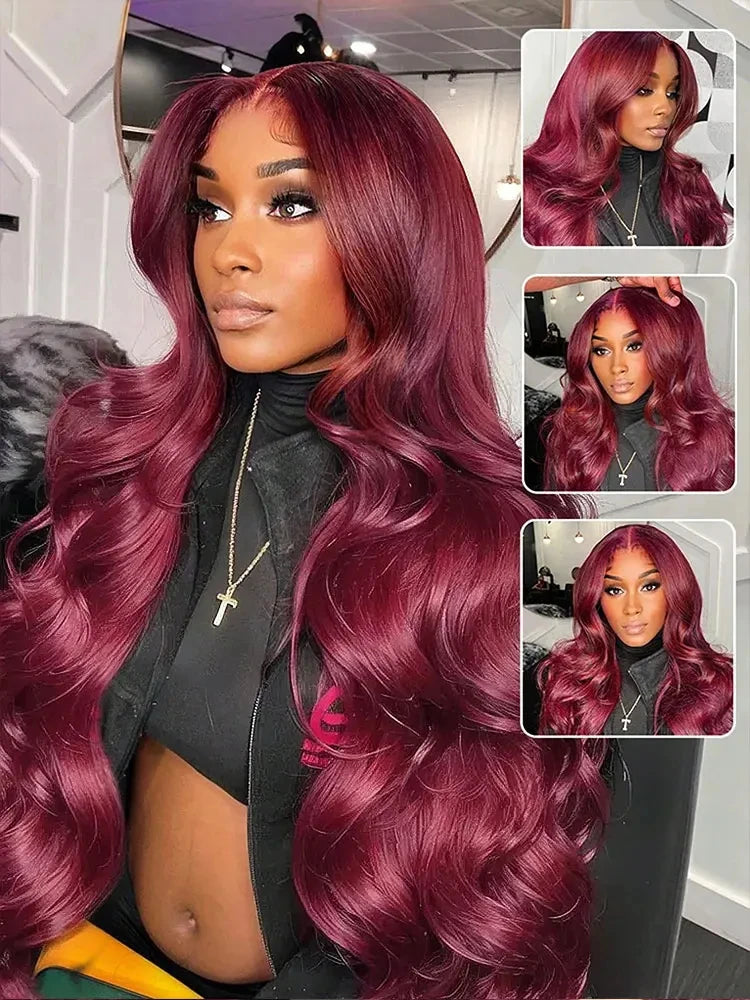 230 Density 99J Burgundy 13x4 Transparent Lace Front Wig Human Hair Body Wave HD 13x6 Lace Frontal Wigs Human Hair Wig For Women
