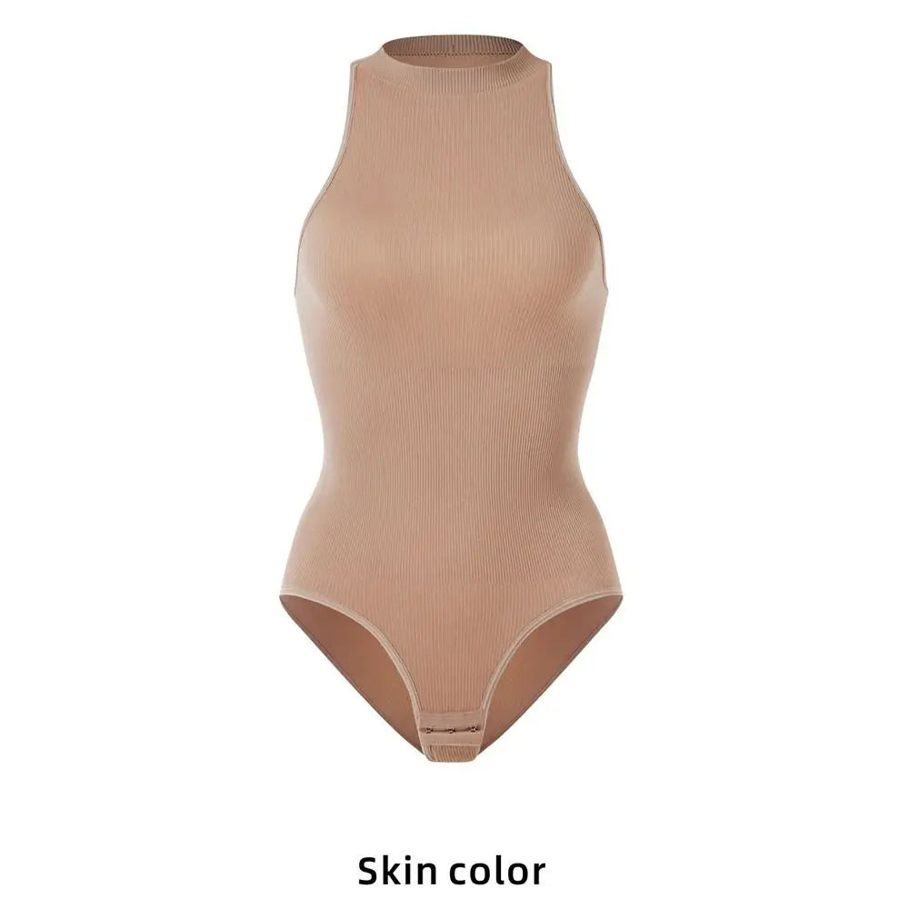 Comfortable Ribbed Women's Bodysuits Halter Neck Tummy Control Compression Shapewear Thong Sleeveless Tank Top Jumpsuit Exercise