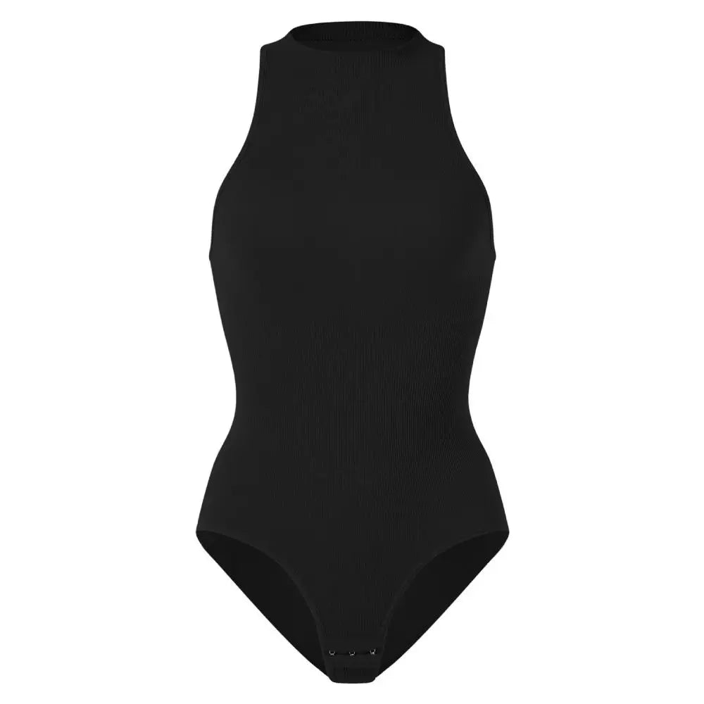 Comfortable Ribbed Women's Bodysuits Halter Neck Tummy Control Compression Shapewear Thong Sleeveless Tank Top Jumpsuit Exercise