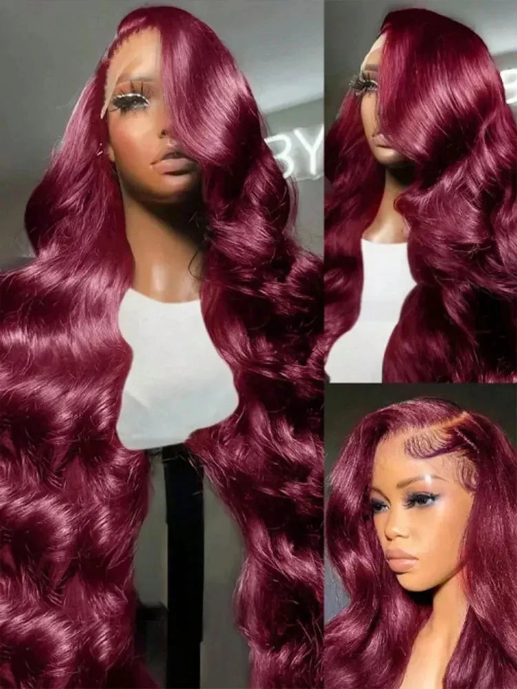 230 Density 99J Burgundy 13x4 Transparent Lace Front Wig Human Hair Body Wave HD 13x6 Lace Frontal Wigs Human Hair Wig For Women