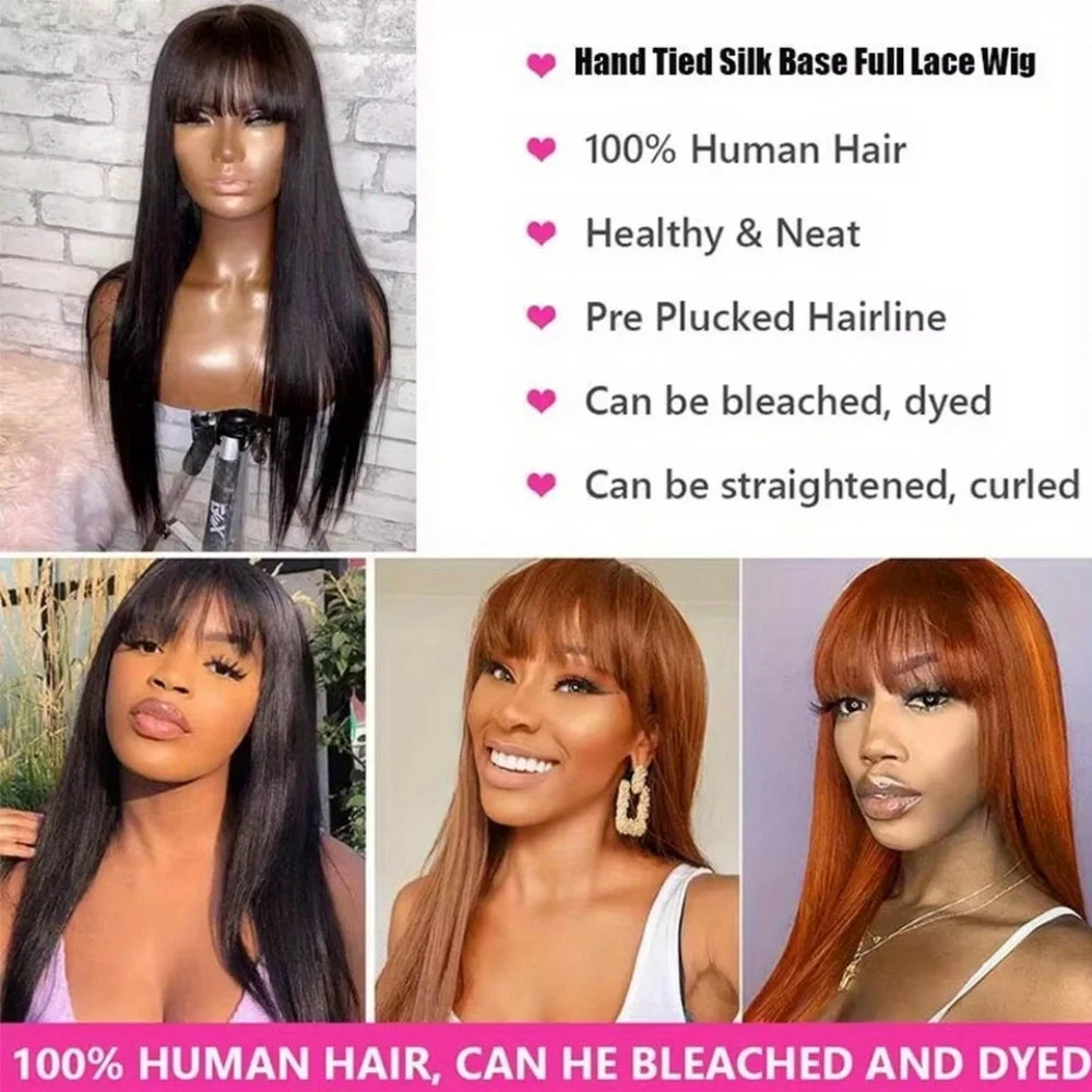3x1 Human Hair Wigs 250% Density HD Lace Glueless Wig With Bangs Human Hair Staight Wig with Bangs For Black Women Wear And Go
