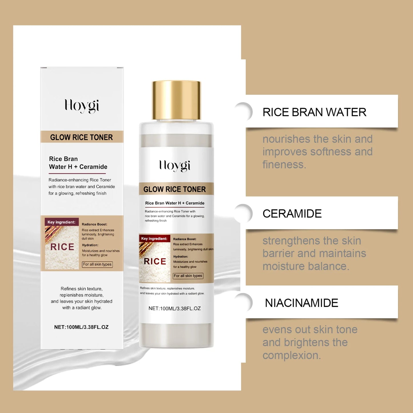 HOYGI Glow Rice Toner Gentle Exfoliating Hydrating Lasting Moisturizing Skin Water-oil Balance Refine Pores Smoothing Skin Care