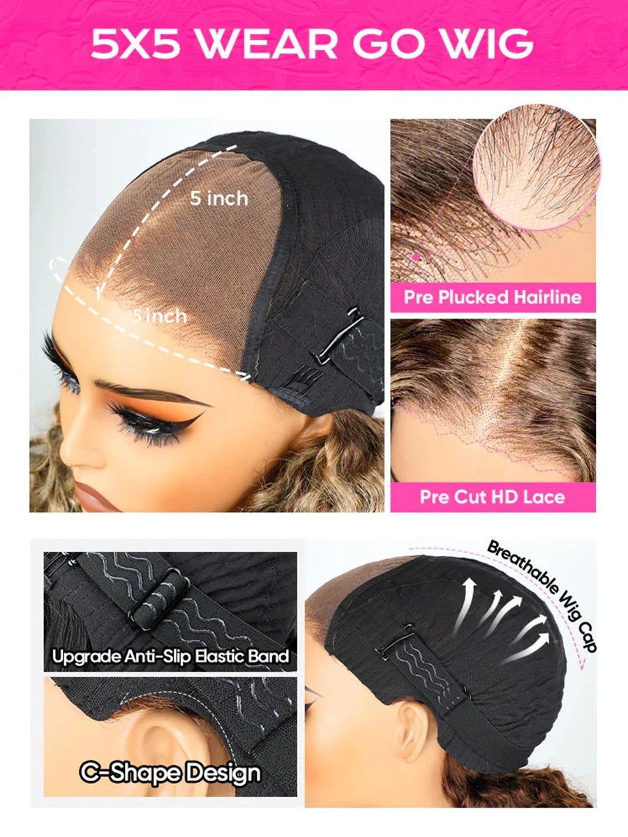 Glueless Wigs Human Hair Ready to Wear Deep Wave Curly Short Bob Wig 5x5 HD Lace Front Wigs Wear And Go Pre Plucked Pre Cut Wigs