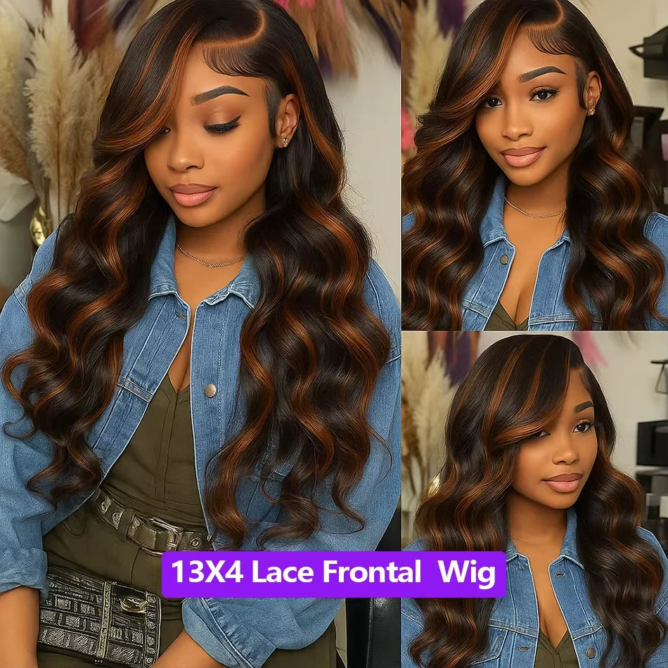 Highlight Ombre Lace Front Wigs Human Hair Body Wave Lace Front Pre Plucked 13x4 1B/30 Brown Highlight Wig 200 Density For Women