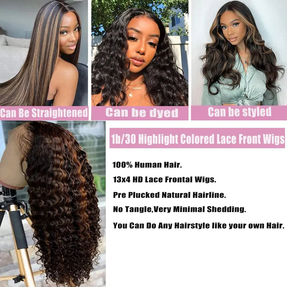 Highlight Ombre Lace Front Wig Human Hair 40 Inch P1B/30 Deep Wave HD Lace Front Wigs Human Hair Pre Plucked 13x4 200 Density