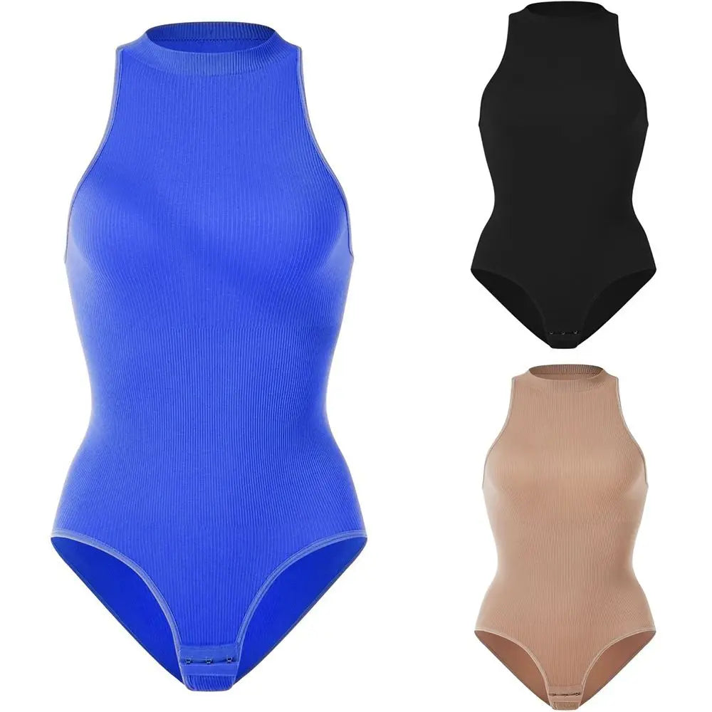 Comfortable Ribbed Women's Bodysuits Halter Neck Tummy Control Compression Shapewear Thong Sleeveless Tank Top Jumpsuit Exercise