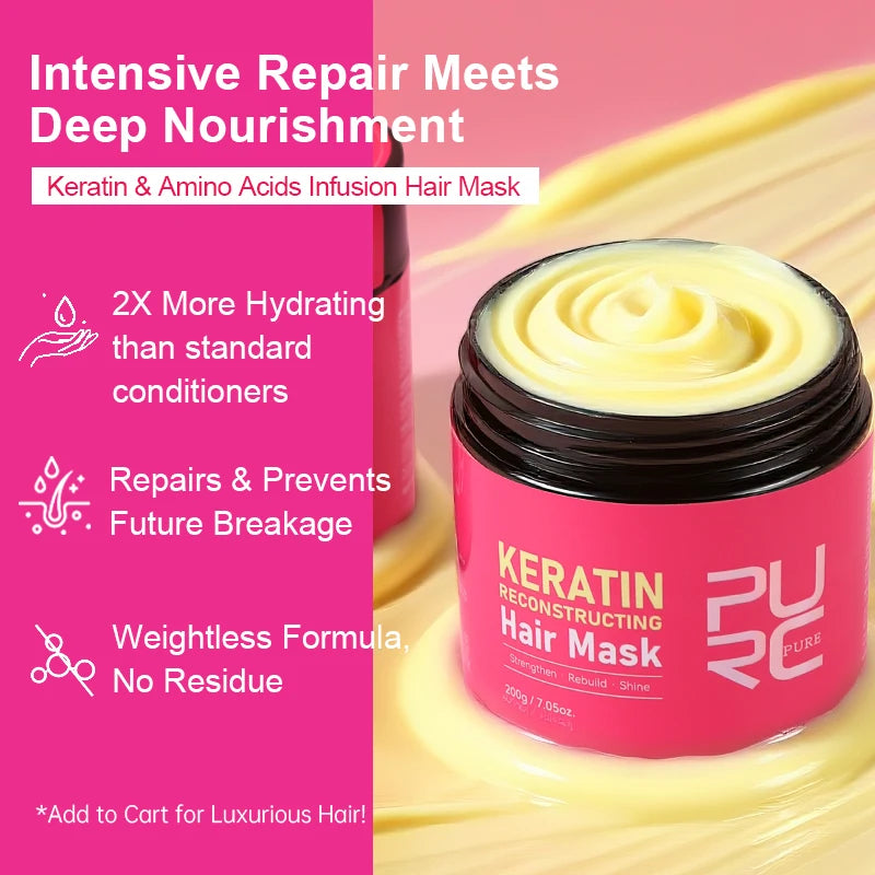 PURC Keratin Hair Mask Collagen Hair Treatment Mask Smoothing Straightening Nourish Repair Damaged Frizz Hair Care Product 200g