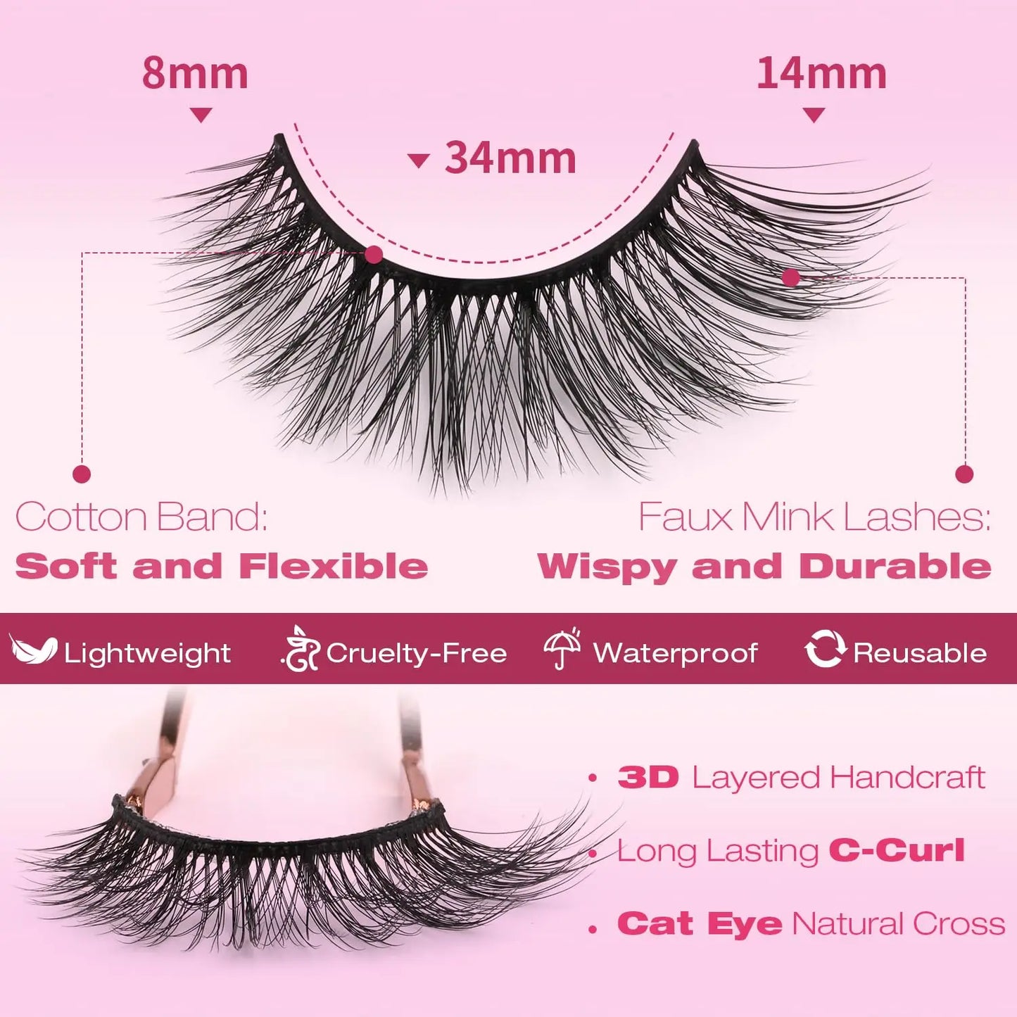 14mm Faux Mink Lashes, 3D Cat Eye Natural Look, Wispy Style, 14 Pairs Pack